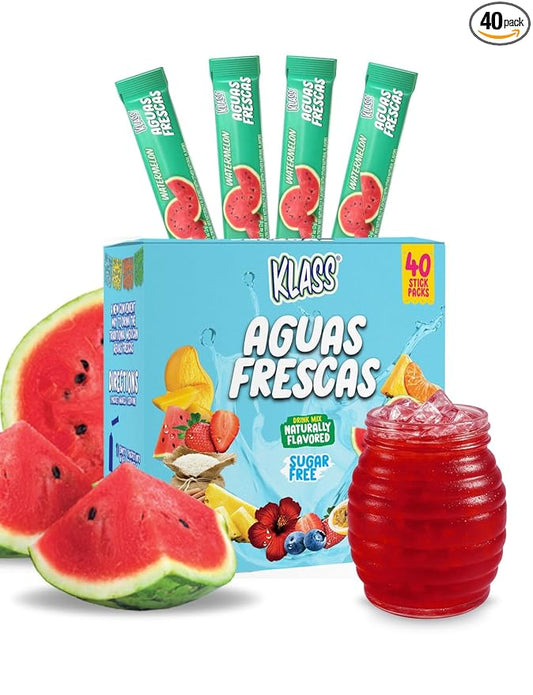 Klass Aguas Frescas | Drink Mix Packets | Watermelon Flavored | Sugar Free On-The-Go Packets, Low Calorie (40 Count Powder Stick Packs)