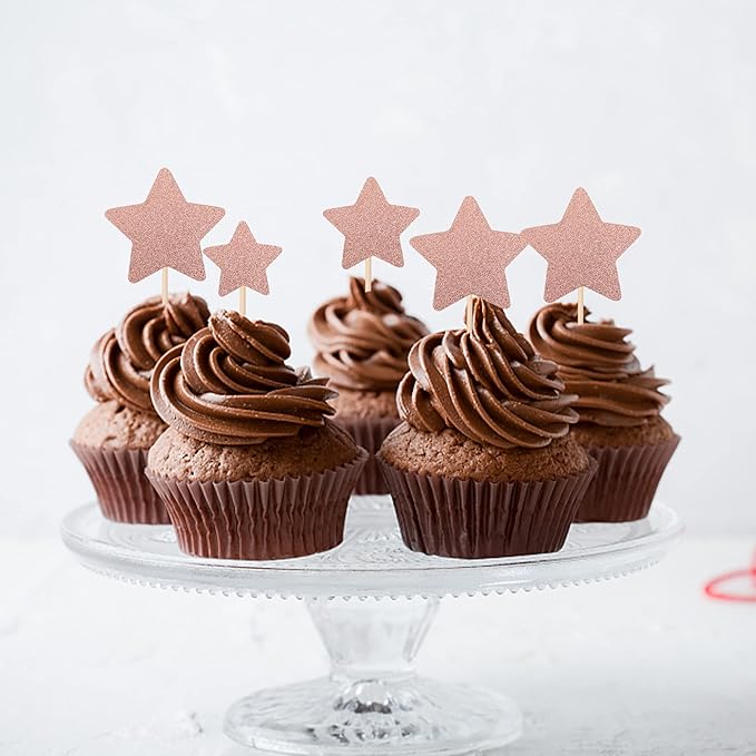 30 PCS Little Star Cupcake Toppers Glitter Twinkle Star Cupcake Picks Wedding Engagement Bridal Shower Baby Shower Birthday Party Cake Decorations Supplies Mixed Size Rose Gold