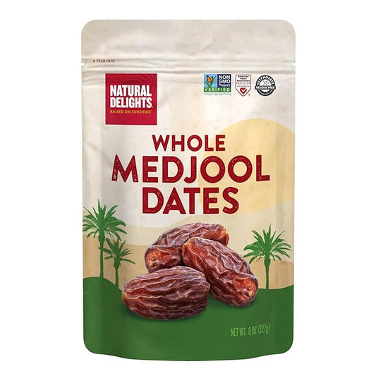 Natural Delights Medjool Dates – Large & Plump Non-GMO Verified, Good Source of Fiber, Naturally Sweet Fruit Snack, Perfect for On-the-Go - Medjool Dates Whole, 8 oz Container