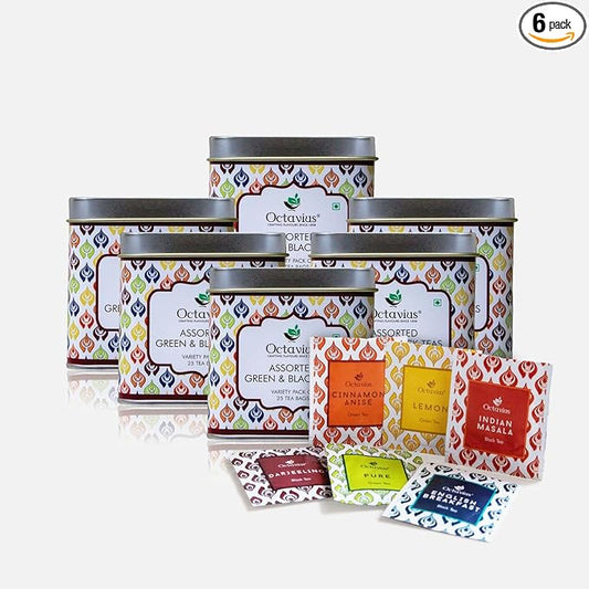 Octavius Tea Variety Pack | 6 Assorted Black & Green Teas | 25 Teabags Each | Tea Sampler Pack | Pack of 6 | 150 Teabags Total | Premium Indian Tea Collection