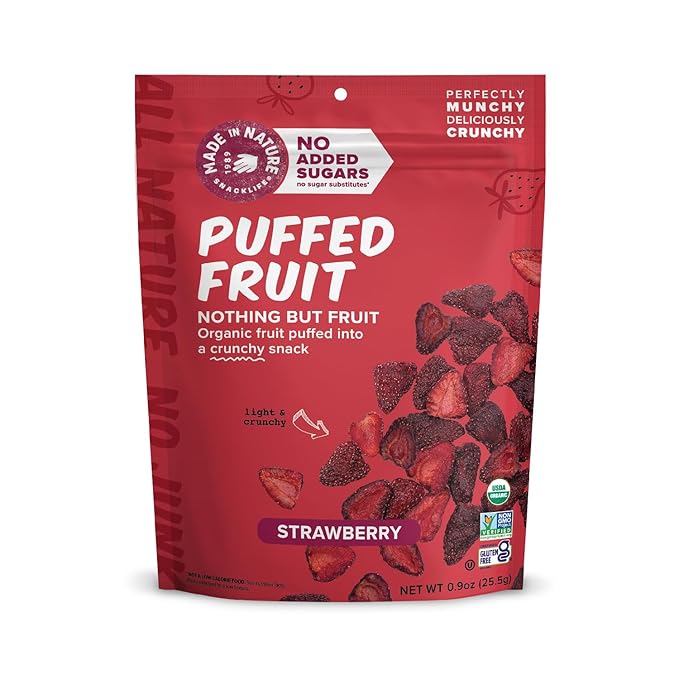 Made In Nature Organic Puffed Fruit, Strawberry, 0.9 Ounce Bag (Pack of 6) - Vegan Snack, Non-GMO, Gluten Free