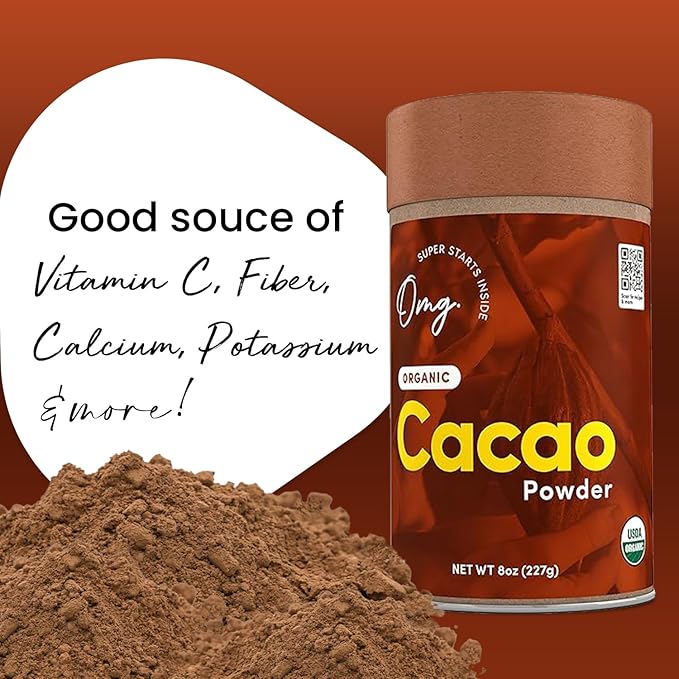 OMG! Superfoods Organic Cacao Powder - 100% Pure, USDA Certified Organic - Good source of Fiber & Iron - 8 Ounces (1 Package)