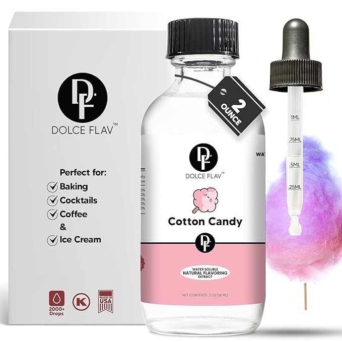 Dolce Flav Natural Cotton Candy Extract ??2 Ounce Water-Soluble Kosher, Sugar-Free, Concentrated Carnival-Style Flavoring for Baking, Frostings & Drinks, Includes Measured Dropper