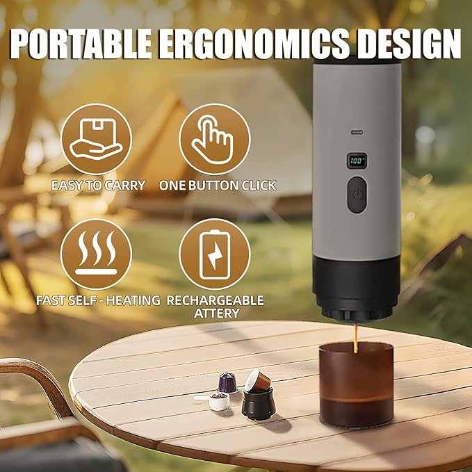 Portable Coffee Maker Espresso Machine with 7800mAh Battery & Digital Display, Self-Heating Travel Coffee Maker for Camping, Car, USB-C Compatible with Ground Coffee & NS Capsules RV Hiking Office