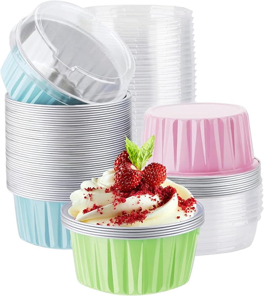EUSOAR Foil Ramekins Disposable, 60Packs 5oz Baking Cups with Lids Aluminum Foil Mini Cupcake Holders, Dessert Cheesecake Pan Creme Brulee Cupcake Containers for Catering Gathering Club Wedding Party