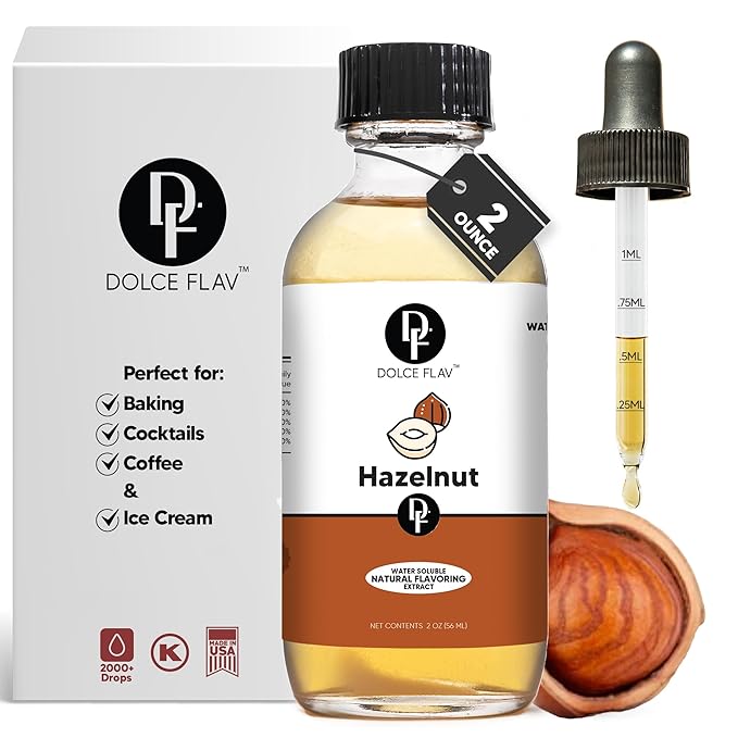 Dolce Flav Natural Hazelnut Extract ??2 Ounce Water-Soluble Kosher, Sugar-Free, Concentrated Toasted Hazelnut Flavoring for Coffee, Baking & Desserts, Includes Measured Dropper