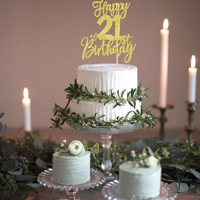 1 PCS Happy 21st Birthday Cake Topper Glitter Cheers to 21 Years Birthday Cake Pick Twenty One 21 Fabulous Cake Decoration for Happy 21st Birthday Anniversary Party Decorations Supplies Gold