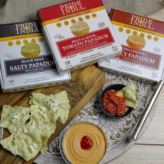 Pride Of India | Tomato Papadum, Pack of 6-10 Count Box (3.53oz - 100gm) | Protein Fiber & Iron Rich, Gluten-Free Vegan Lentil Crackers, Healthy Indian Appetizer | Microwaveable & Ready in Seconds