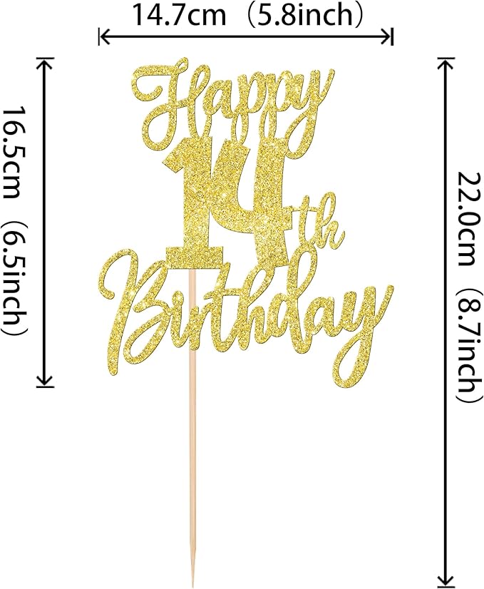 1 PCS Happy 14th Birthday Cake Topper Glitter Cheers to 14 Years Birthday Cake Pick Fourteen Hello 14 Fabulous Cake Decoration for Happy 14th Birthday Anniversary Party Decorations Supplies Gold