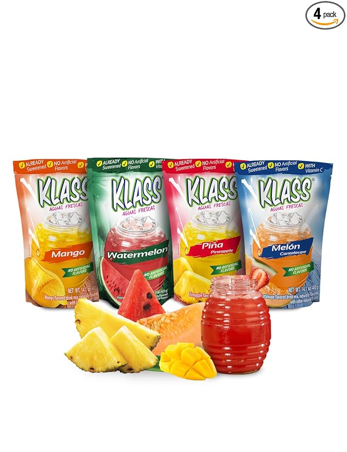 Klass Aguas Frescas | Drink Mix Tropical Variety Pack | Watermelon, Cantaloupe, Mango & Pineapple Drinks Flavors | From Natural Sources, No Artificial Flavors, With Vitamin C (Makes 7 to 9 Quarts) 14.1 Oz Family Pack (4-Pack)