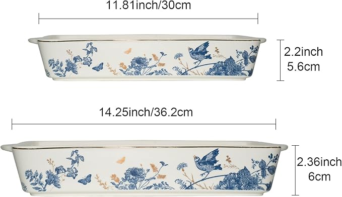 Baking Pans Set of 2 Blue flower 14 inch Ceramic for Oven Large Casserole Baking Dish Set with Handles Porcelain Bakeware Sets Casserole Dish for Oven/Cooking/Kitchen/Cake Dinner