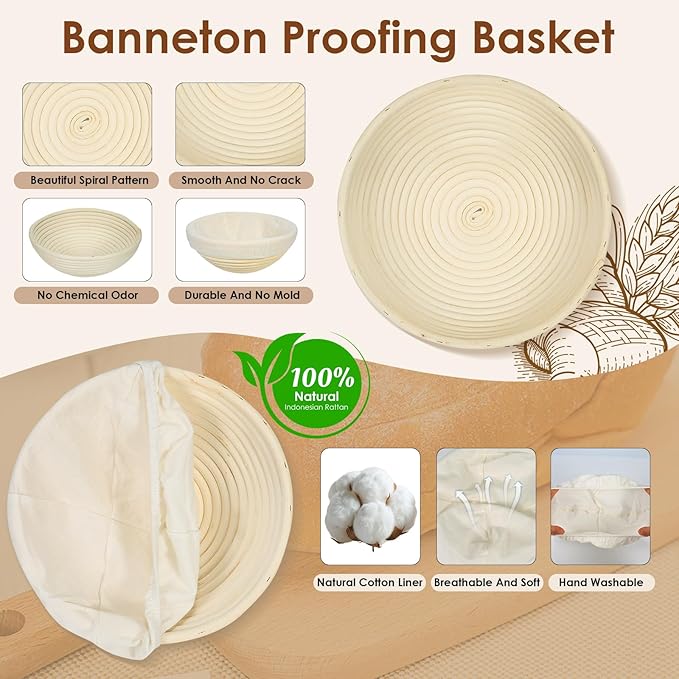 Natural Rattan Sourdough Banneton Basket Set of 2, 9 inch Round Bread Proofing Baskets with Whisk,Lame,Dough Scraper,Linen Liner and Brush, Perfect for Home or Professional Baking