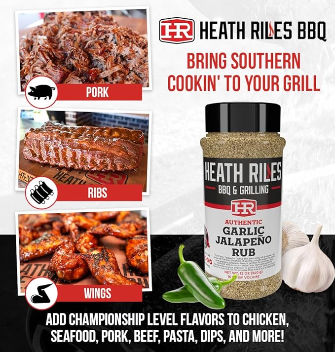 Heath Riles BBQ Rub - Garlic Jalapeño Seasoning, Champion Pitmaster Recipe, Legendary Rubs For Smoking & Grilling, 70+ BBQ Championships, 12 oz.