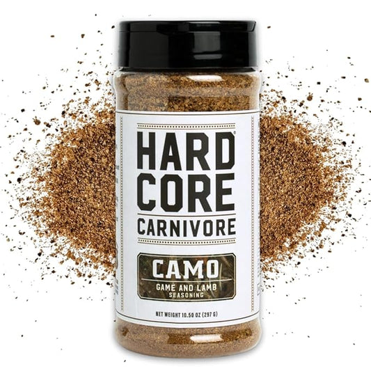 Hardcore Carnivore Camo - Wild Game and Lamb Seasoning (10.5 oz Shaker) Bold Texas-Made Spice Blend for Venison, Elk, Duck, Lamb and More