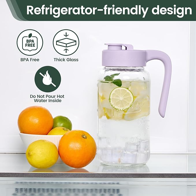 Mason Jar Pitcher - Airtight & Leakproof Glass Pitcher with Lid[set of 2], Perfect for Breastmilk, Cold Brew, and Sun Tea, 2 Quart (64 oz) Mason Jar with Pour Spout Lid