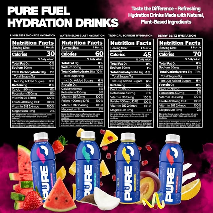 Pure Fuel Healthy Hydration Drinks - Limitless Lemonade, Berry Blitz, Tropical Torrent and Watermelon Blast - Sports Drinks - Plant Based - Variety Pack - 12pk x 16.9 fl oz
