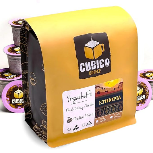 Ethiopian Yirgacheffe Coffee, Single Serve Coffee Pods, Premium Ethiopia Yirgacheffe Single Origin Fresh Roasted Coffee | K-Cup Compatible Brewers | Cubico Coffee | 10 Count