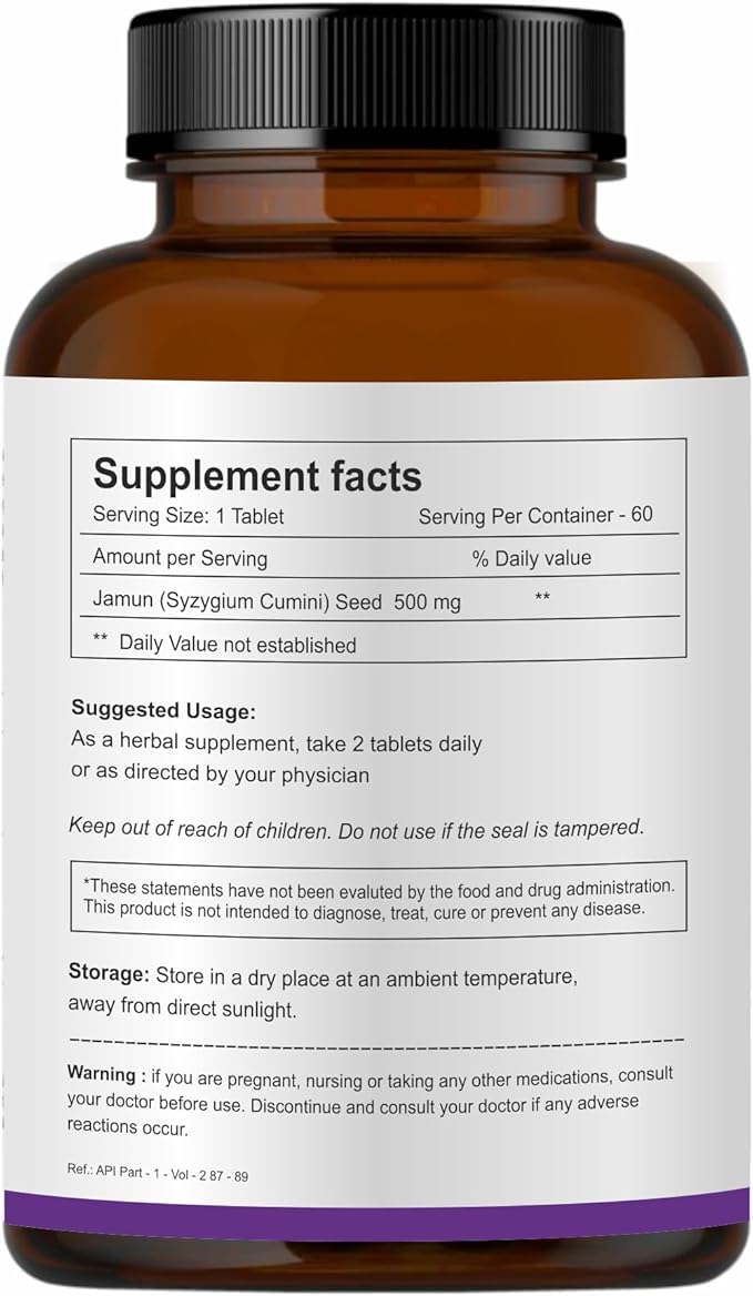 Jamun Seed Tablets 500mg (60 Count) Syzygium Cumini Seed Supplement Indian BlackBerry Tablets, Vegan, Additive-Free & Non-GMO Formula- 60 Count (Pack of 1)