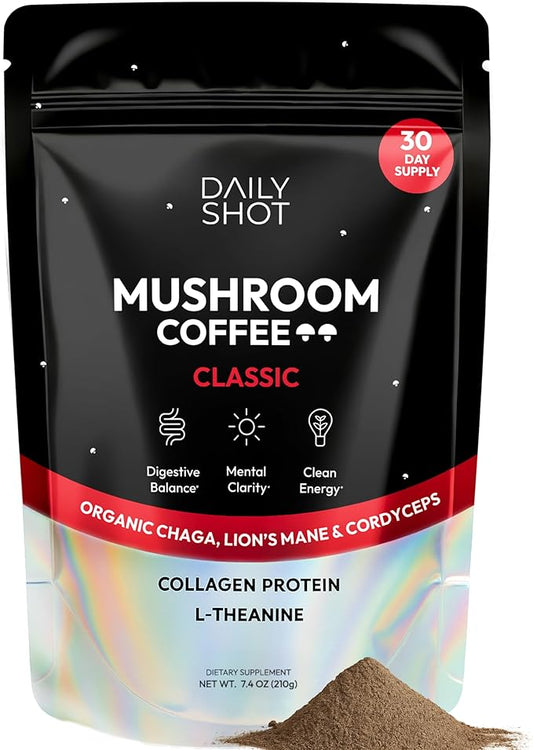 Mushroom Coffee with Collagen – Adaptogenic Instant Coffee for Energy, Focus, & Mental Clarity – Enhanced with Lion’s Mane, Chaga, Cordyceps & L-Theanine (30 Servings)
