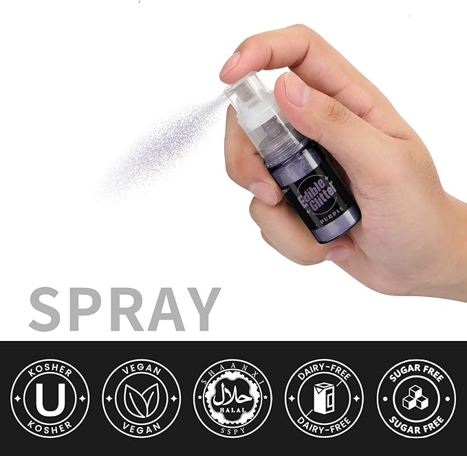 Sujoygar Edible Glitter Spray 2 Colors, Black and Purple Edible Glitter for Cocktails, Shimmer Powder Luster Dust Edible for Cake Drink Strawberrie Cupcake Cookies Haloween Baking Decoretion, Vegan(5g/Bottle)