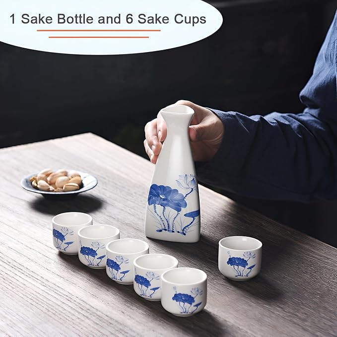 Ceramic Sake Set, Ceramic Soju Set, Japanese Sake Set Traditional, Saki Cup Set with 1 Tokkuri Bottle (5 oz) and 6 Ochoko Cups (1.2 oz), Japanese Glazed, for Hot or Cold Sake