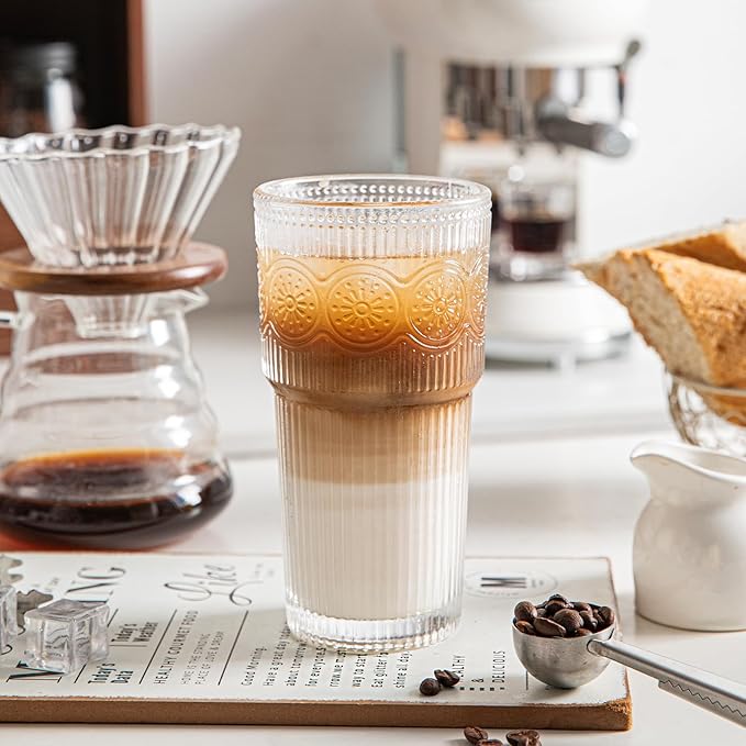 INSETLAN 20oz Ribbed & Floral Glasses Drinking Set of 6- Clear Glass Tumbler, Reusable Glass Cups for Iced Coffee, Water, Beer, Smoothies, Tea, and Juice ??Perfect for Party and Daily Use
