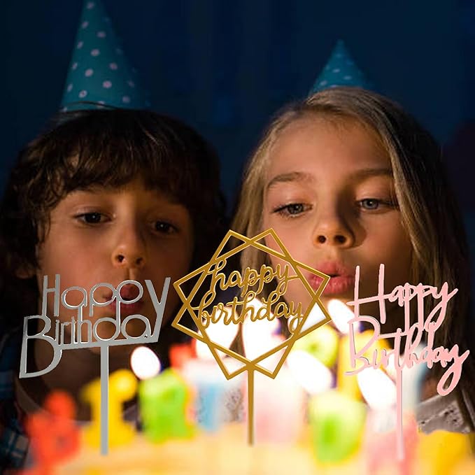12 Pack Multi Styles Birthday Cake Topper Set, Acrylic Cake Bunting Decor Birthday Cake Picks Party Decorations Supplies(Black)