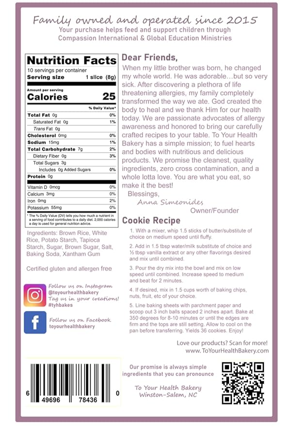 To Your Health Bakery Gluten Free (GF) Cookie Mix- Organic, Non-GMO, Top 8 Allergen Free