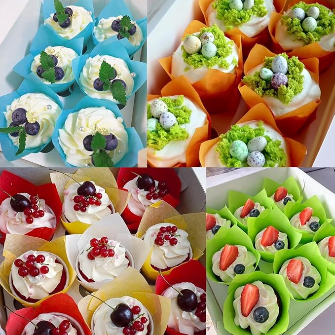 150 Pieces Tulip Cupcake Muffin Liners Paper Baking Cups Greaseproof Cupcake Wrappers for Birthday Wedding Party Baby Showers Catering Restaurants(Red/Orange/Yellow/Green/Blue)