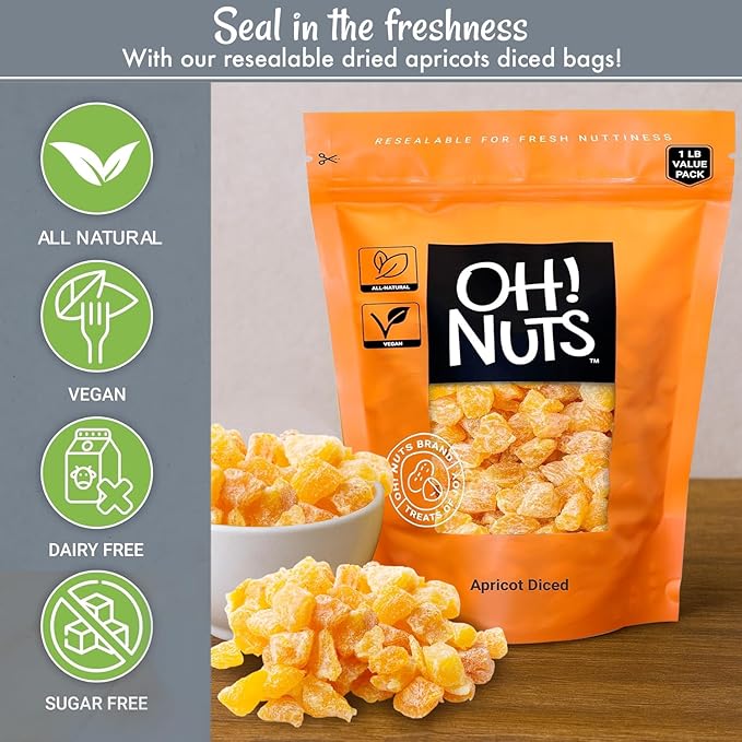 Oh! Nuts Dried Apricot - 1 lb - Dried Fruit Diced - No Sugar Added - Dehydrated Fruit Bites - Packed in New York Zip-Seal Bag for Exceptional Freshness