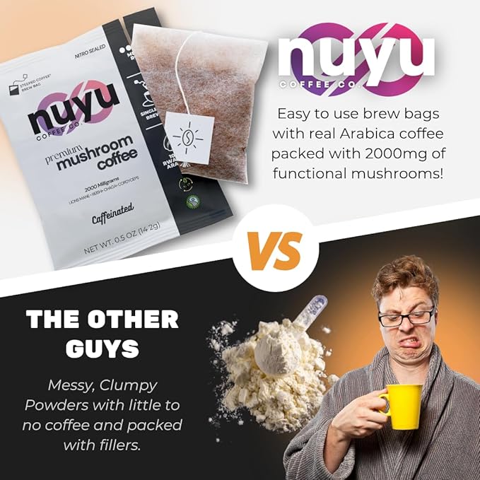 Nuyu Mushroom Coffee Brew Bags - Premium Coffee with 2000mg Functional Mushrooms - Lion's Mane, Chaga, Reishi, Codyceps - Energy, Focus & Immune Support - 7 Count - Medium Roast