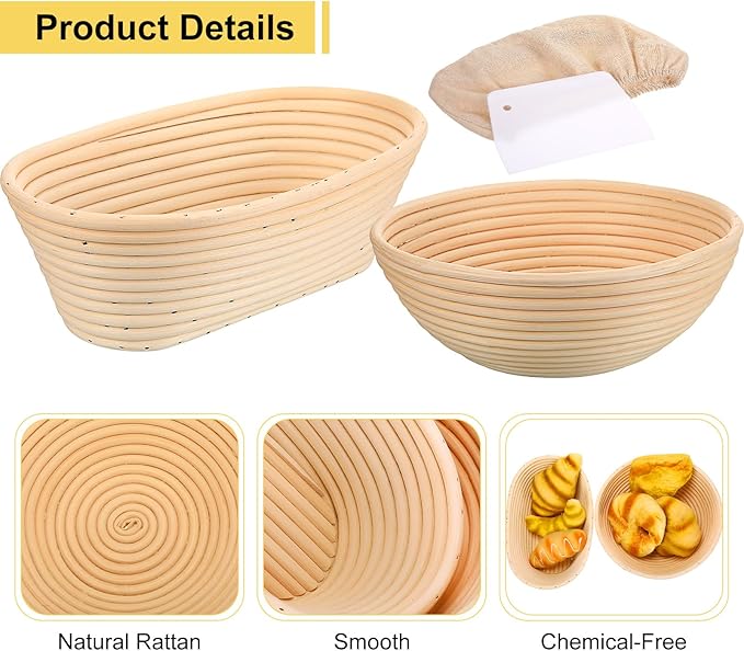 Geetery 6 Pack Bread Banneton Proofing Baskets 10 Inch Oval and 9 Inch Round Rattan Sourdough Baskets Dough Proofing Bowls with Liners and Dough Scraper for Home Sourdough Bread Baking Supplies