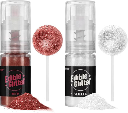 Sujoygar Edible Glitter Spray 2 Colors, Red and White Edible Glitter for Cocktails, Shimmer Powder Luster Dust Edible for Cake Drink Strawberrie Cupcake Cookies Christmas Baking Decoretion, Vegan(5g/Bottle)