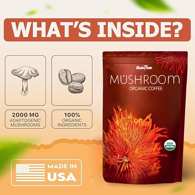 AuraFlare Organic Mushroom Coffee with 7 Adaptogens | USDA Organic Instant Coffee for Energy, Focus, Digestion, Immunity | Cordyceps, Reishi, Lion’s Mane | 30 Servings (1 Pack) + FREE FROTHER