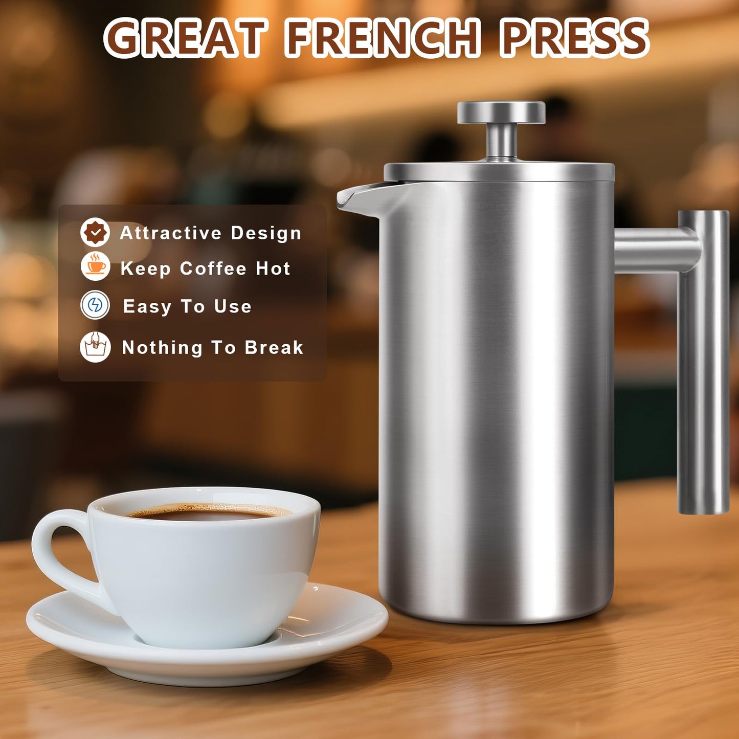 French Press 34 oz, Full Stainless Steel French Press Coffee Maker 4 Cups