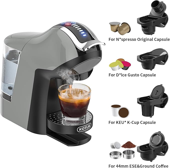 KOTLIE Espresso 5in1 Single Serve Coffee Maker, 19Bar Cappuccino&Latte Maker, Cold&Hot Brewing Coffee Machine for K*cup/NES*presso Original/D*olce G*usto/Ground Coffee/44mm ESE(LightGrey)