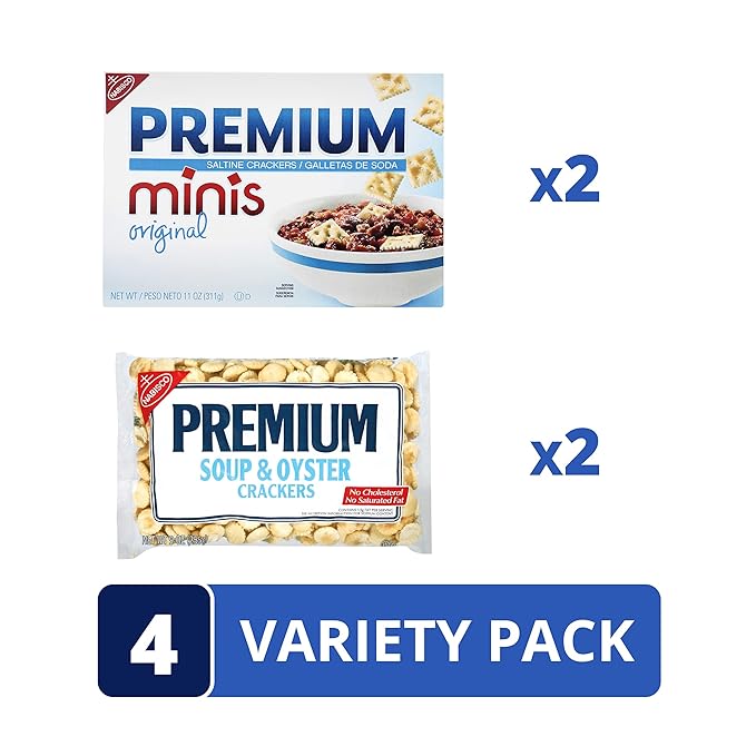 Premium Crackers Variety Pack, Soup & Oyster Crackers, 2 Bags and Premium Minis Original Saltine Crackers, 2 Boxes (Pack of 2)
