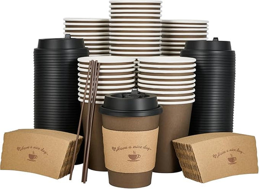 LITOPAK 100 Pack 12 oz Paper Coffee Cups with Lids, Sleeves, and Stirring Sticks for Coffee, Water, or Juice, Browm 10 Ounce Disposable Hot Paper Cups for Cafes, schools, offices, shops