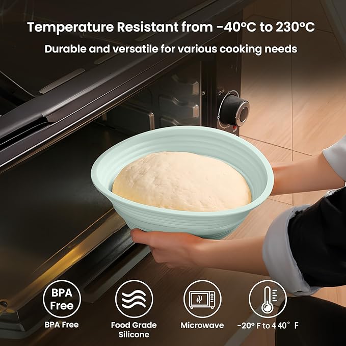 Banneton Bread Proofing Basket - 9.5 Inch Round & 10.4 Inch Oval Foldable Proofing Baskets Set of 2 with Liners for Professional & Home Artisan and Starter Kit with Bread Making Tools,Green