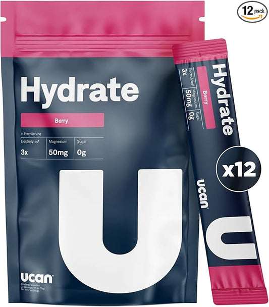 UCAN Hydrate Electrolyte Drink Mix (Berry, 12 Stickpacks) Sugar-Free, Keto-Friendly, Vegan, Non-GMO, Gluten-Free Electrolyte Powder with Potassium & Magnesium for Runners & Athletes
