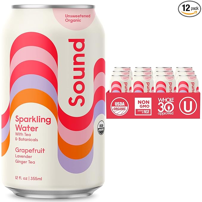 Sound Sparkling Water - Grapefruit w/Lavender & Ginger Tea. Organic. Zero Calories. Zero Sugar. Non-GMO. Whole30. Caffeine Free Seltzer Water. 12 Fl oz (Pack of 12)