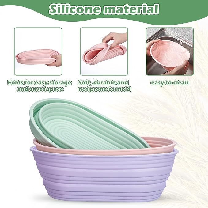 Nuogo 9 Pack Oval Bread Proofing Basket Silicone 10 Inch Collapsible Sourdough Bread Baking Supplies Dough Proofing Bowl with Dough Scraper and Basket Covers for Making Bread