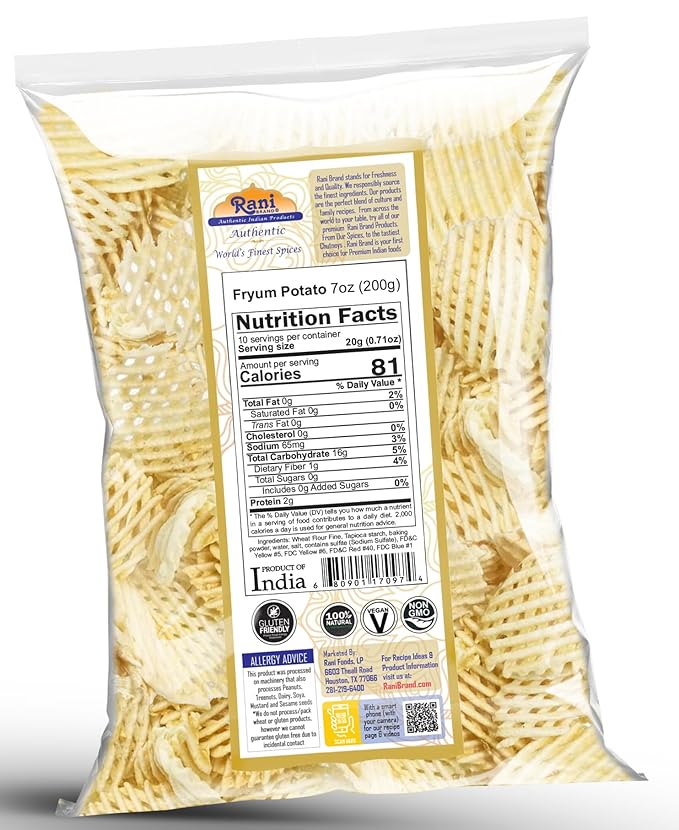 Rani Far Far / Fryums (Wheat & Tapioca Pellet) Potato Jhali 7oz (200g) ~ Vegan, Kosher, Uncooked, Used to Make Papad, Bhungra / Chip Snack