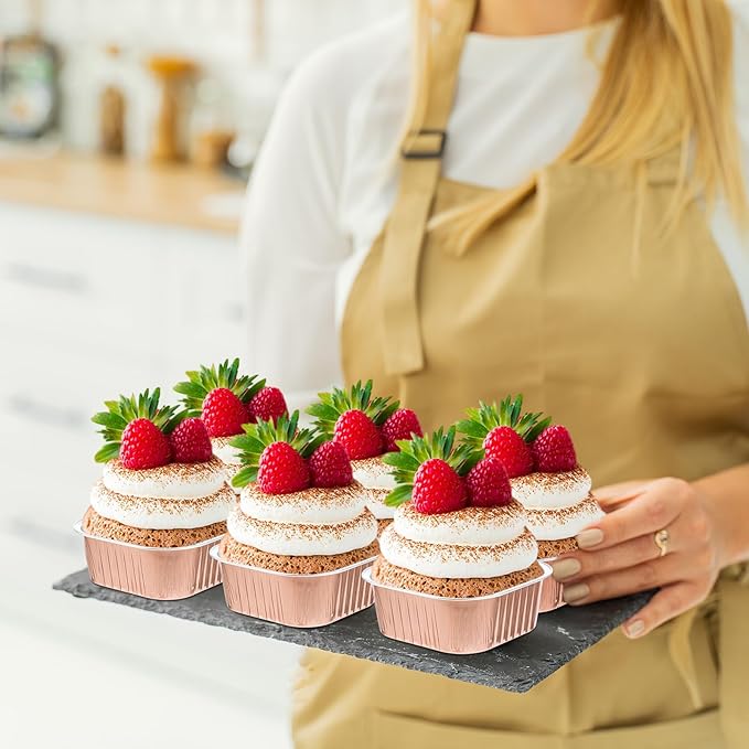 Aoriher 150 Pieces 10 oz Mini Cake Pans with Lids Aluminum Foil Baking Cups Square Disposable 4" x 4" Large Cupcake Cups Baking Tins for Kitchen Brownie Pudding Desserts Holders(Champagne)