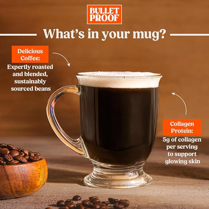 Bulletproof Coffee + Collagen Single-Serve Coffee Pods, 24 Count, Clean Coffee Tested for Toxins, Packaging May Vary