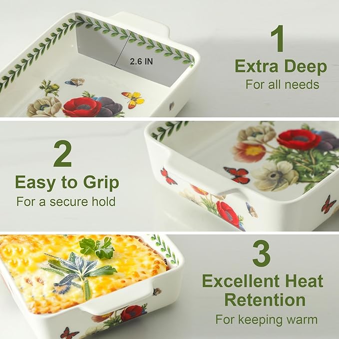 Ceramic Baking Casserole Dish with Handles, Large 8x13 inch & 6x10 inch Pan and Middle Baking Pan - Porcelain Serving Bakeware Set (Papaver rhoeas)