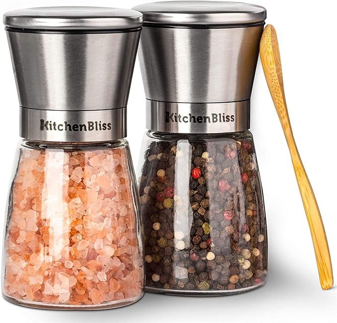 Professional Salt and Pepper Grinder Set ??Premium Stainless Steel Salt and Pepper Shakers with Ceramic Spice Grinder Mill for Adjustable Coarseness - Added Bonus a Bamboo spoon and a Cleaning Brush.