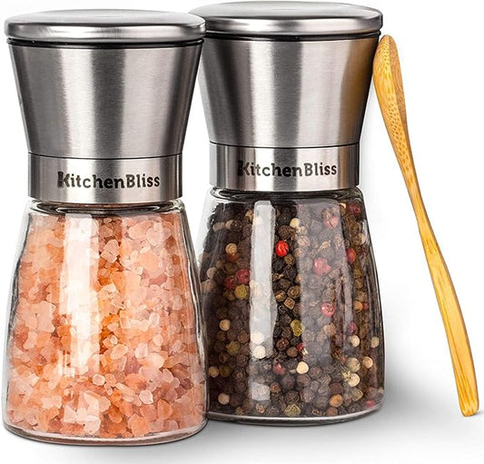 Professional Salt and Pepper Grinder Set ??Premium Stainless Steel Salt and Pepper Shakers with Ceramic Spice Grinder Mill for Adjustable Coarseness - Added Bonus a Bamboo spoon and a Cleaning Brush.