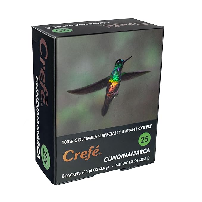 Crefé 100% Colombian Specialty Instant Coffee. 8 packets make 8 cups (8 FL OZ each). Region of Origin: Cundinamarca. Medium Dark Roast. Mild, Not Strong