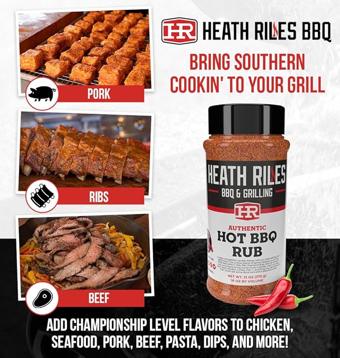 Heath Riles BBQ Rub - Hot Seasoning, Champion Pitmaster Recipe, Legendary BBQ Rubs For Smoking & Grilling, 70+ BBQ Championships, 2 lb./32 oz.